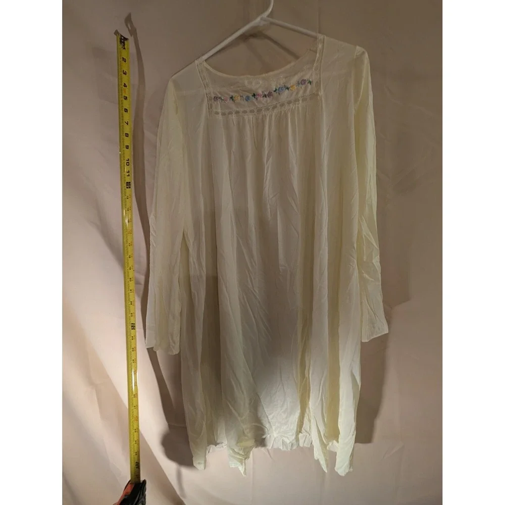 Vintage Ivory Long Sleeve Nightgown Lace Embroidered Floral Trim Sheer Nylon - Picture 1 of 4